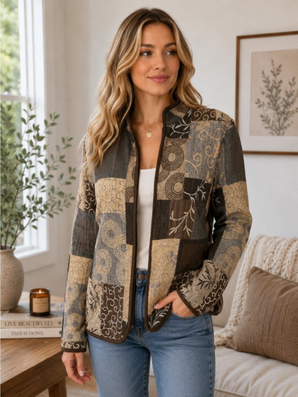 Preswick & Moore Womens Quilted Patchwork Embroidered Jacket Full Zip M